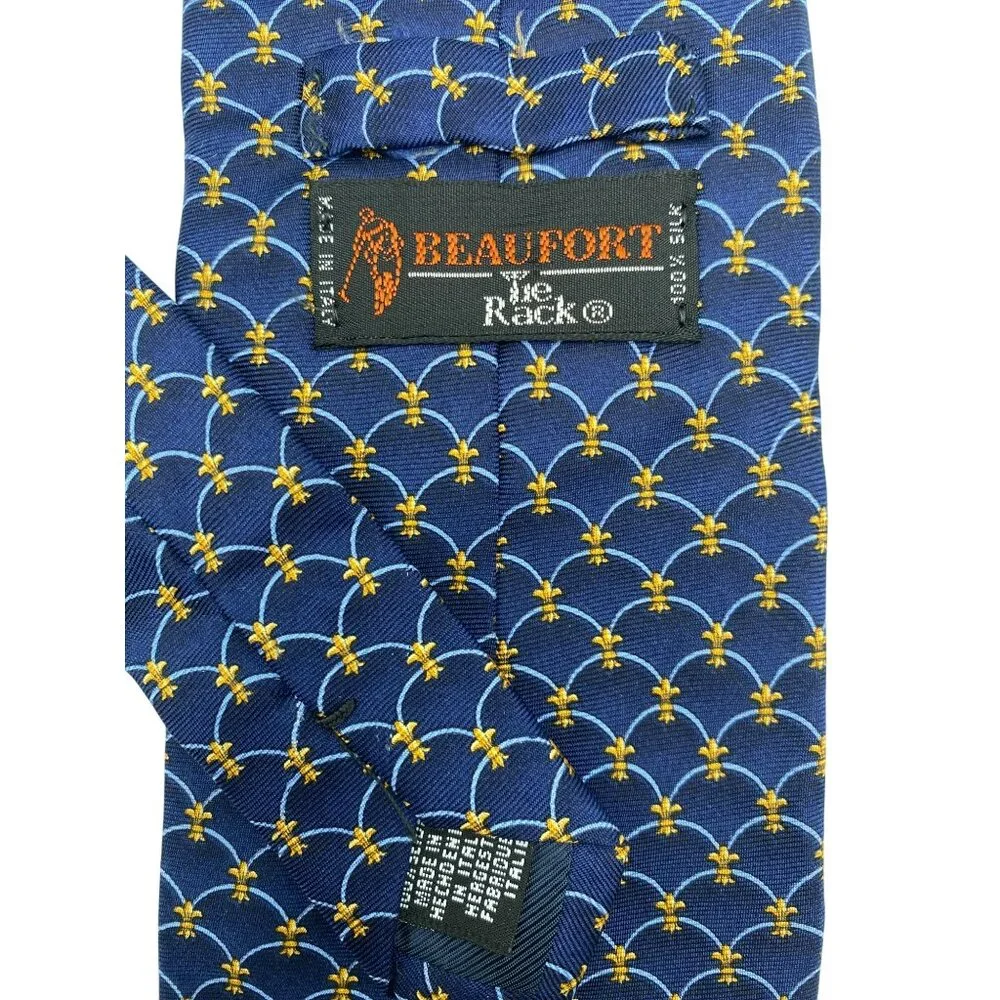 Beaufort Italian Italy Blue Navy Fleur de Lis Silk Tie Neck Luxury Vintage Mens - Picture 3 of 6